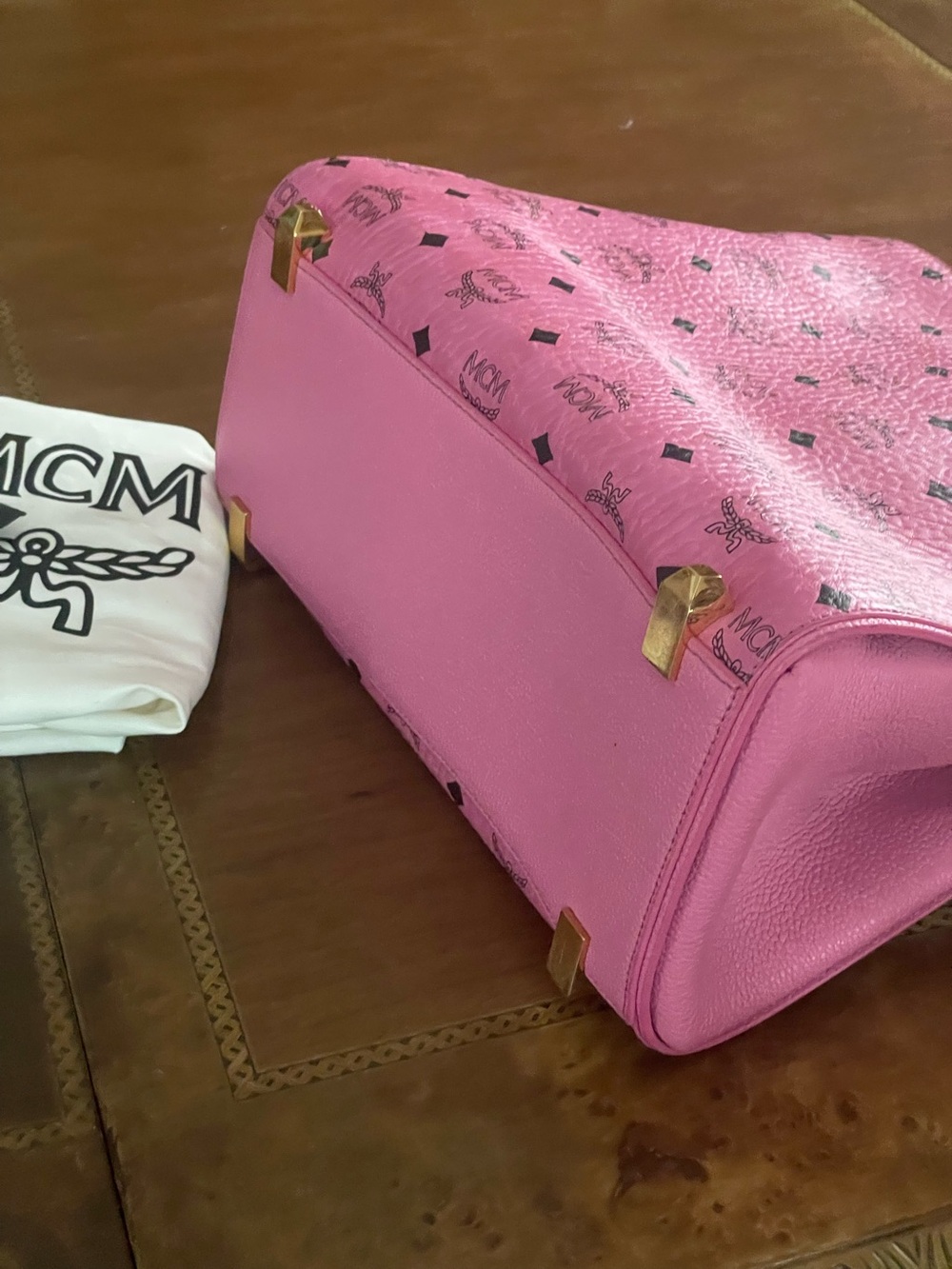MCM Pink Visetos Signature Satchel with Gold Hardware - Picture 6 of 16